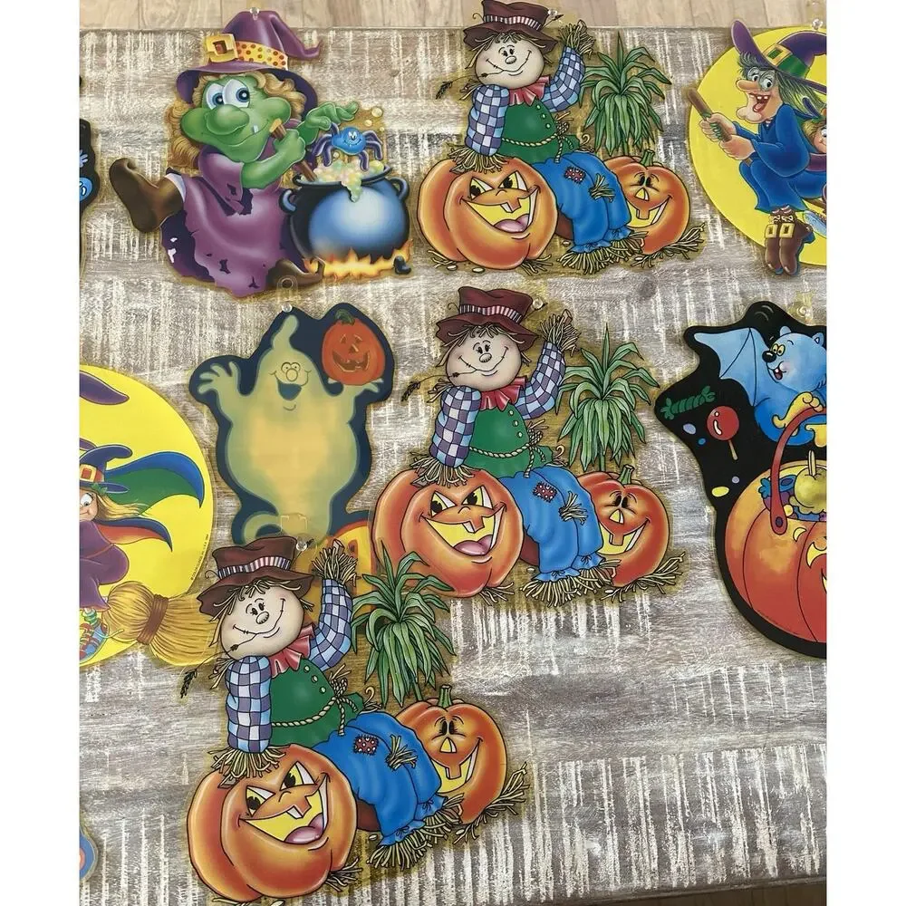 Vintage Set Of 15 Halloween Color Cling Ghost Pumpkin Bat Scarecrow Witch 1994